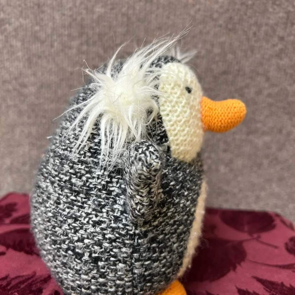 Anthropologie knitted Black and White Penguin with earmuffs‎ Plush Stuffy Toy